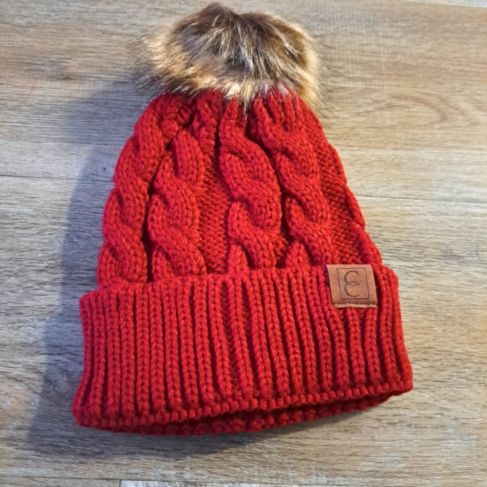 Red Maroon Burgundy Cozy Cable Knit Beanie with Pom NWOT
